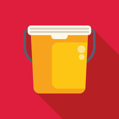Simple flat design vector illustration of a yellow plastic bucket with a white lid and a gray handle, isolated on a red background with a long shadow