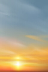 Sunset,Sky Cloud Background,Sunrise with Yellow,Orange,Blue Sky,Vertical Nature Landscape Dramatic Golden Hour with twilight Sky in Evening after Sun Dawn,Vector Horizon Spring sundown by Sea Beach