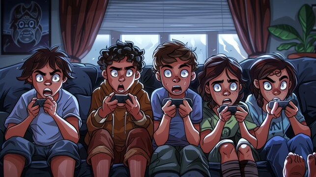 Cartoon Vector Cartoon vector illustration of friends sitting on a couch, intensely playing game consoles with controllers in hand