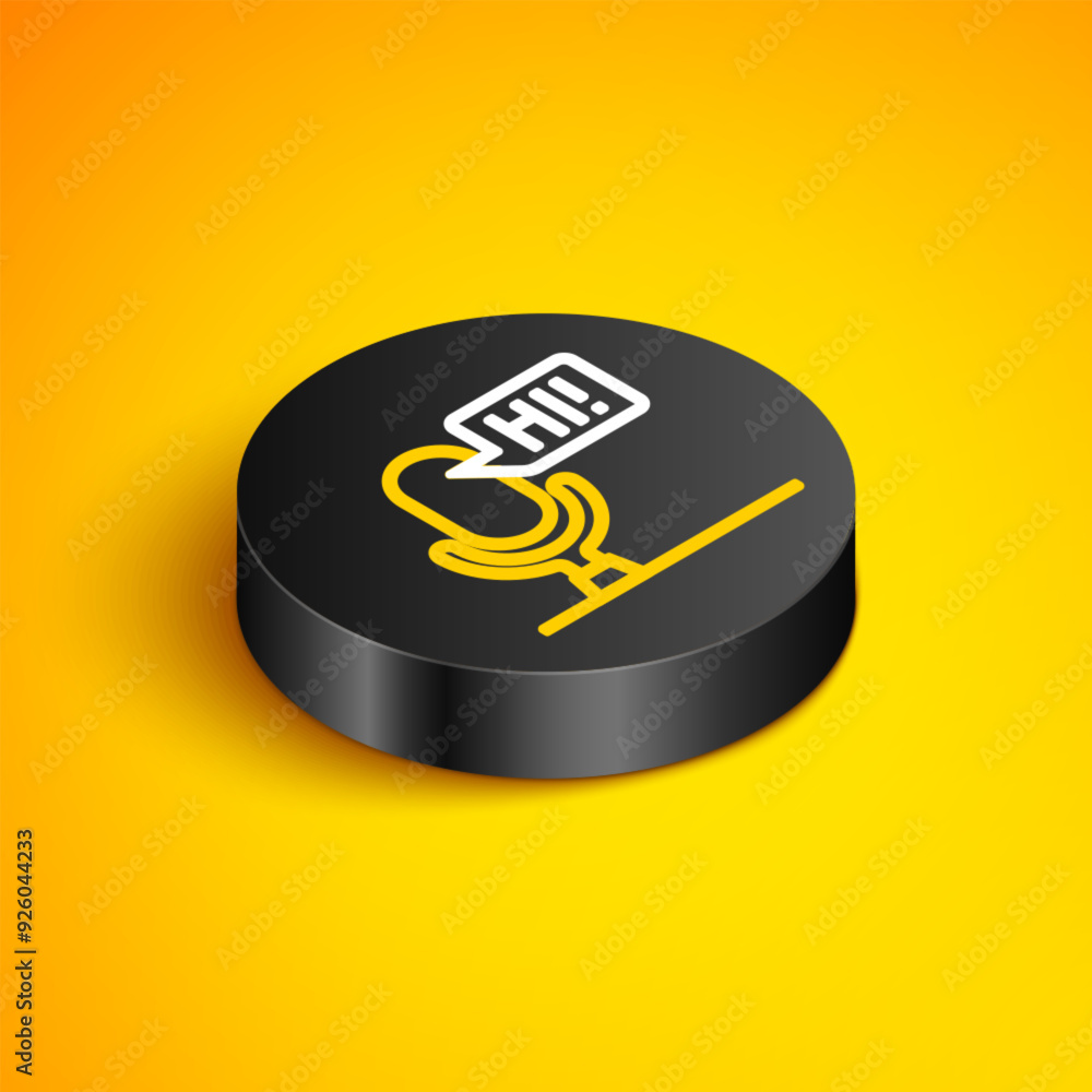 Poster isometric line microphone voice device icon isolated on yellow background. microphone interpreter an
