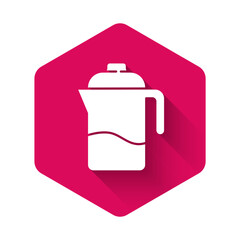 White French press icon isolated with long shadow. Pink hexagon button. Vector