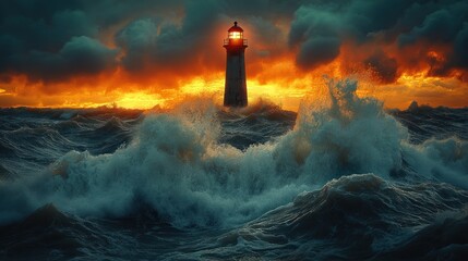 Lighthouse in Stormy Sea