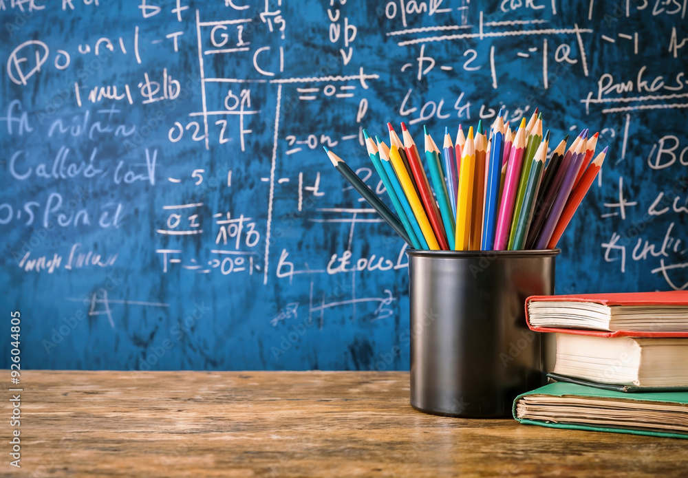 Aufkleber back to school concept with colorful pencils in a cup and books on a teacher's desk with a full blac