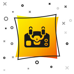 Black Aircraft steering helm icon isolated on white background. Aircraft control wheel. Yellow square button. Vector