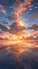 Obraz premium Ethereal Skies: Enchanting Anime-Style Clouds and Stars with a Sunset Afterglow, a Celestial Canvas of Natural Beauty Perfect for Gaming Art and Storybook Illustrations in 4K