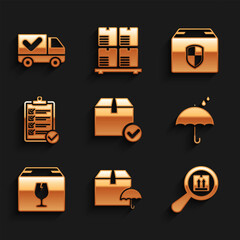 Set Package box with check mark, Delivery package umbrella, Search, Umbrella and rain drops, fragile content, Verification of delivery list, security shield and truck icon. Vector