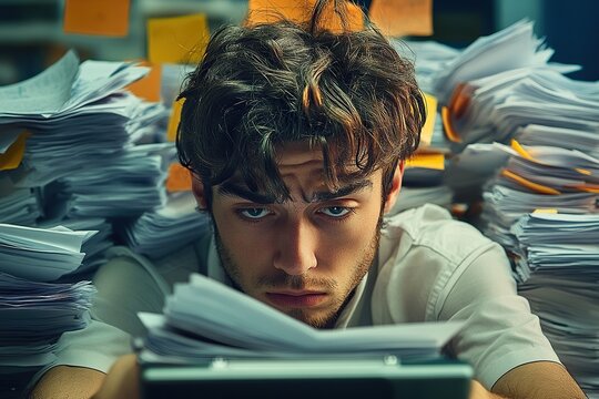 boy studying , is inside a mountain of notes. National stress awareness day. - Powered by Adobe