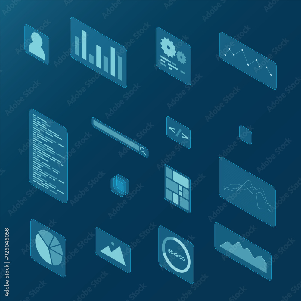 Poster isometric user interface elements. infographic charts. data visualization. futuristic interface holo