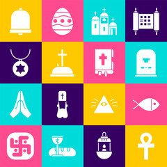 Set Cross ankh, Christian fish, Tombstone with RIP written, Church building, cross, Star of David necklace chain, bell and Holy bible book icon. Vector