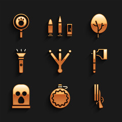 Set Bird footprint, Canteen water bottle, Shotgun, Wooden axe, Balaclava, Flashlight, Tree and Paw search icon. Vector