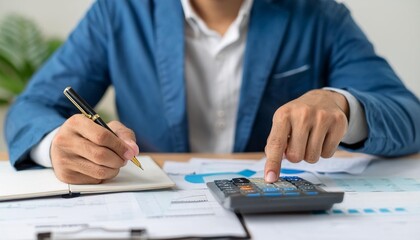 Close up hand of stress young asian businessman,male is pressing a calculator to calculate tax income and expenses, bills, credit card for payment or payday at home, office.Financial, finance concept.