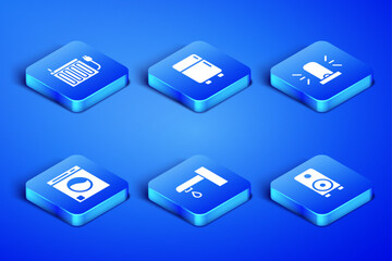 Set Stereo speaker, Heating radiator, Water tap, Washer, Refrigerator and Flasher siren icon. Vector