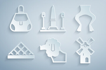 Set Poodle dog, Frog legs, Louvre museum, Windmill, Place De La Concorde and Handbag icon. Vector