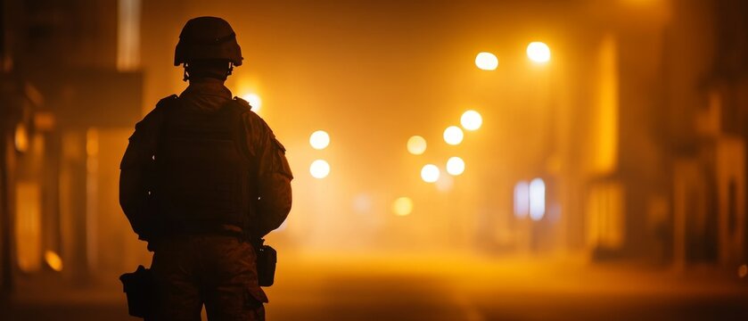 Enforcing Curfew: Soldier Amidst Isolation and Tension in Deserted City Street Under Martial Law