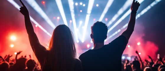Capturing the Electric Atmosphere: Excited Couple Taking a Selfie at a Music Festival with Laser Lights and Stage in the Background
