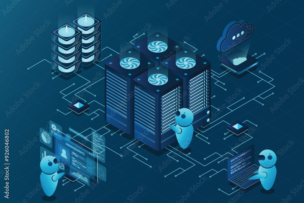 Poster data center and web hosting isometric concept. сloud computing storage. isometric server room rack. 