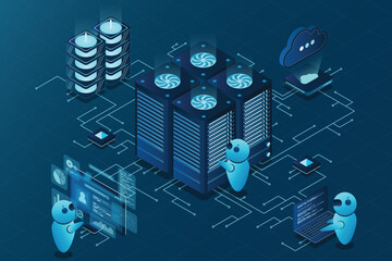 Data center and web hosting isometric concept. Сloud computing storage. Isometric server room rack. Vector illustration
