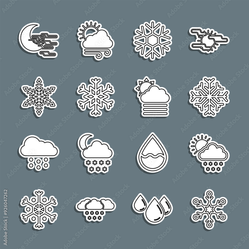 Poster set line snowflake, cloud with snow and sun, fog moon and cloud icon. vector