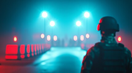 Intense Military Checkpoint at Night with Soldiers in Combat Gear and Floodlights: Heightened Security Measures
