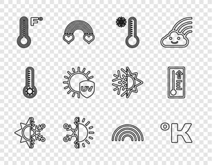 Set line Sun and snowflake, Kelvin, Meteorology thermometer, UV protection, Rainbow and icon. Vector