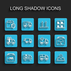 Set line Cargo ship with boxes, Delivery truck and stopwatch, security shield, Placeholder on map, in movement, package umbrella and tracking icon. Vector