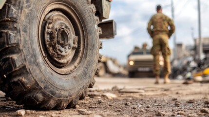 Vigilant Soldier Inspecting Vehicle at Military Checkpoint with Barricades â€“ Security Enforcement Scene