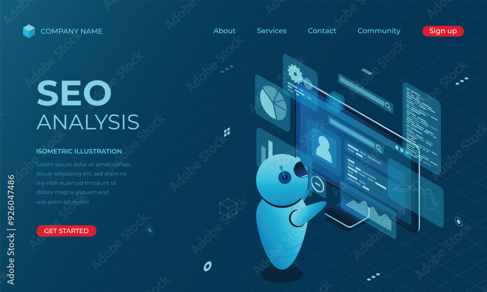 Poster isometric seo analysis landing page concept. search engine optimization analysis concept. digital te