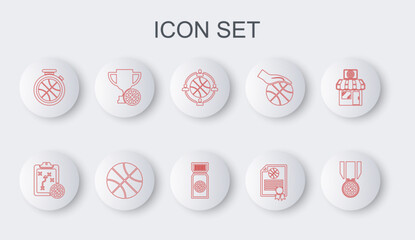 Set line Basketball medal, Planning strategy, Certificate basketball award, Stopwatch with, Award cup, and game ticket icon. Vector