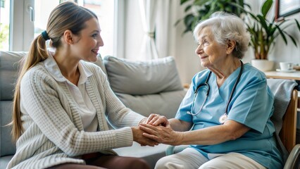 Obraz premium a female nurse caregiver holds hands to encourage