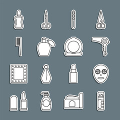 Set line Shaving gel foam, Facial cosmetic mask, Hair dryer, Nail file, Perfume, Hairbrush, polish bottle and Makeup powder with mirror icon. Vector