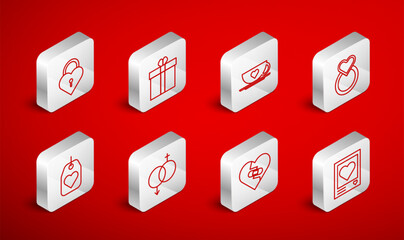 Set line Photo frames and hearts, Gift box, Coffee cup, Wedding rings, Healed broken, Castle the shape, Gender and Heart tag icon. Vector