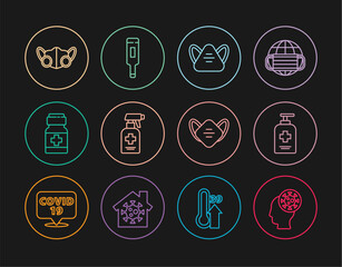 Set line Human and virus, Liquid antibacterial soap, Medical protective mask, Medicine bottle pills, and thermometer icon. Vector