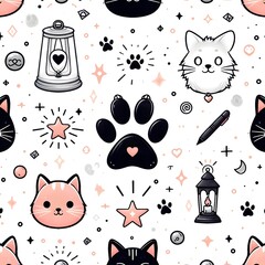 Seamless Pattern with Cats, Stars, Paw Prints, and Lanterns