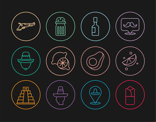 Set line Burrito, Sliced lime, Tabasco sauce, Lime, Mexican sombrero, Vintage pistols, Avocado fruit and Salt icon. Vector