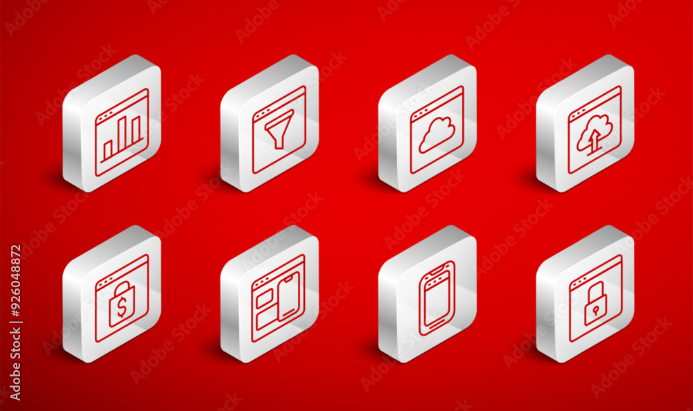 Poster set line secure your site with https, cloud technology data transfer, upload, mobile phone, graph ch