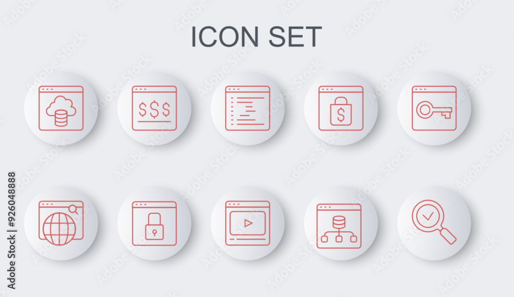 Aufkleber set line magnifying glass with check mark, browser window, server, data, cloud technology data trans