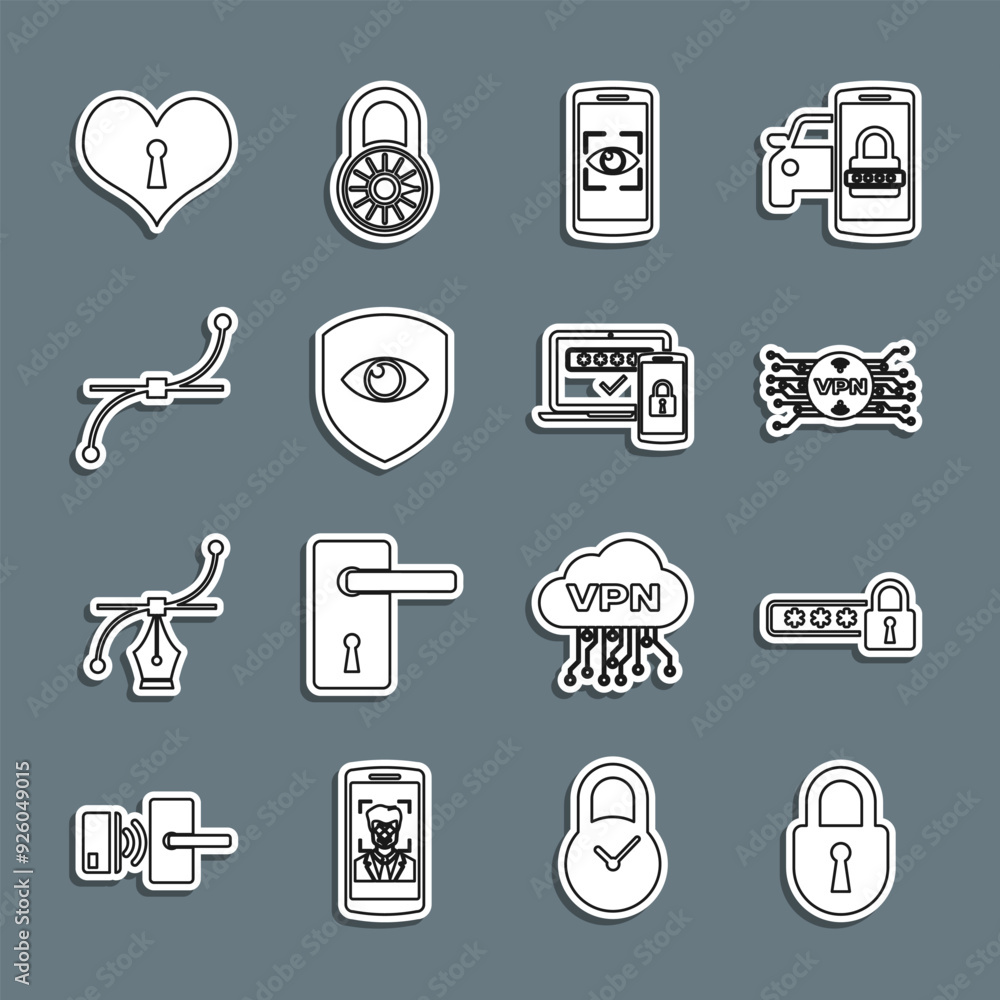 Poster set line lock, password protection, vpn with microchip circuit, mobile and eye scan, shield, bezier 
