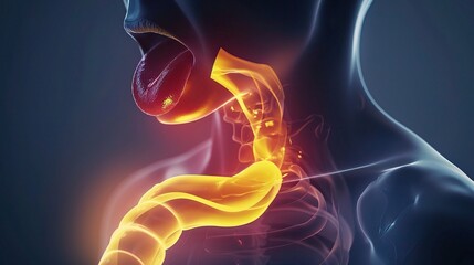 Illustrative Depiction of Gastroesophageal Reflux Disease Symptoms with Discomfort in the Chest and Throat. Medical Condition Awareness.