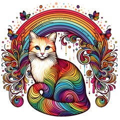 Rainbow Cat with Floral Design and Rainbow