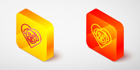 Isometric line Heart with dog icon isolated on grey background. Pet paw in heart. Love to the animals. Yellow and orange square button. Vector