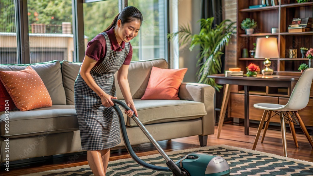 Sticker  asian cleaning service woman worker cleaning