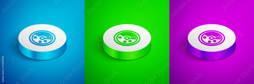 Poster isometric line radar with targets on monitor in searching icon isolated on blue, green and purple ba