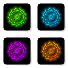 Glowing neon line Circular saw blade icon isolated on white background. Saw wheel. Black square button. Vector