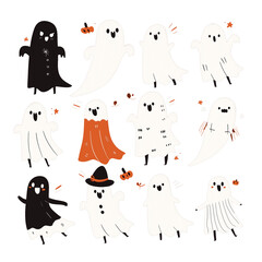 Hand drawn flat, Halloween ghosts collection, Isolated PNG transparent background