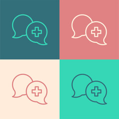 Pop art line Dialogue with the doctor icon isolated on color background. Doctor and patient dialog. Consulting about medical health services. Vector