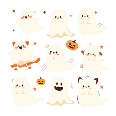 Hand drawn flat, Halloween ghosts collection, Isolated PNG transparent background