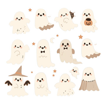 Hand drawn flat, Halloween ghosts collection, Isolated PNG transparent background