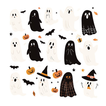 Hand drawn flat, Halloween ghosts collection, Isolated PNG transparent background
