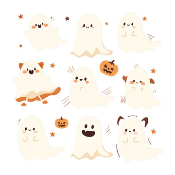 Hand drawn flat, Halloween ghosts collection, Isolated PNG transparent background
