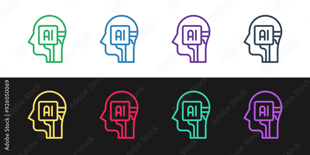 Poster set line humanoid robot icon isolated on black and white background. artificial intelligence, machin